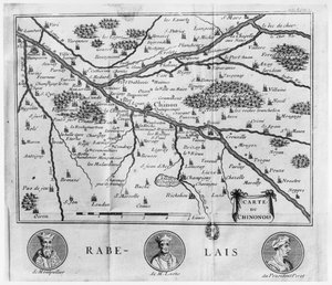 Kaart van de regio Chinon gerelateerd aan de werken van Francois Rabelais, gepubliceerd in 1725